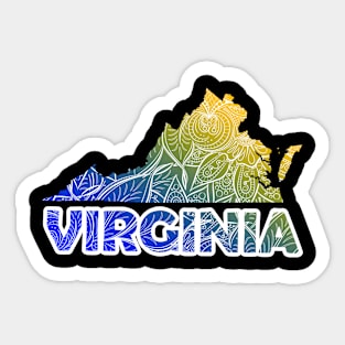 Colorful mandala art map of Virginia with text in blue and yellow Sticker